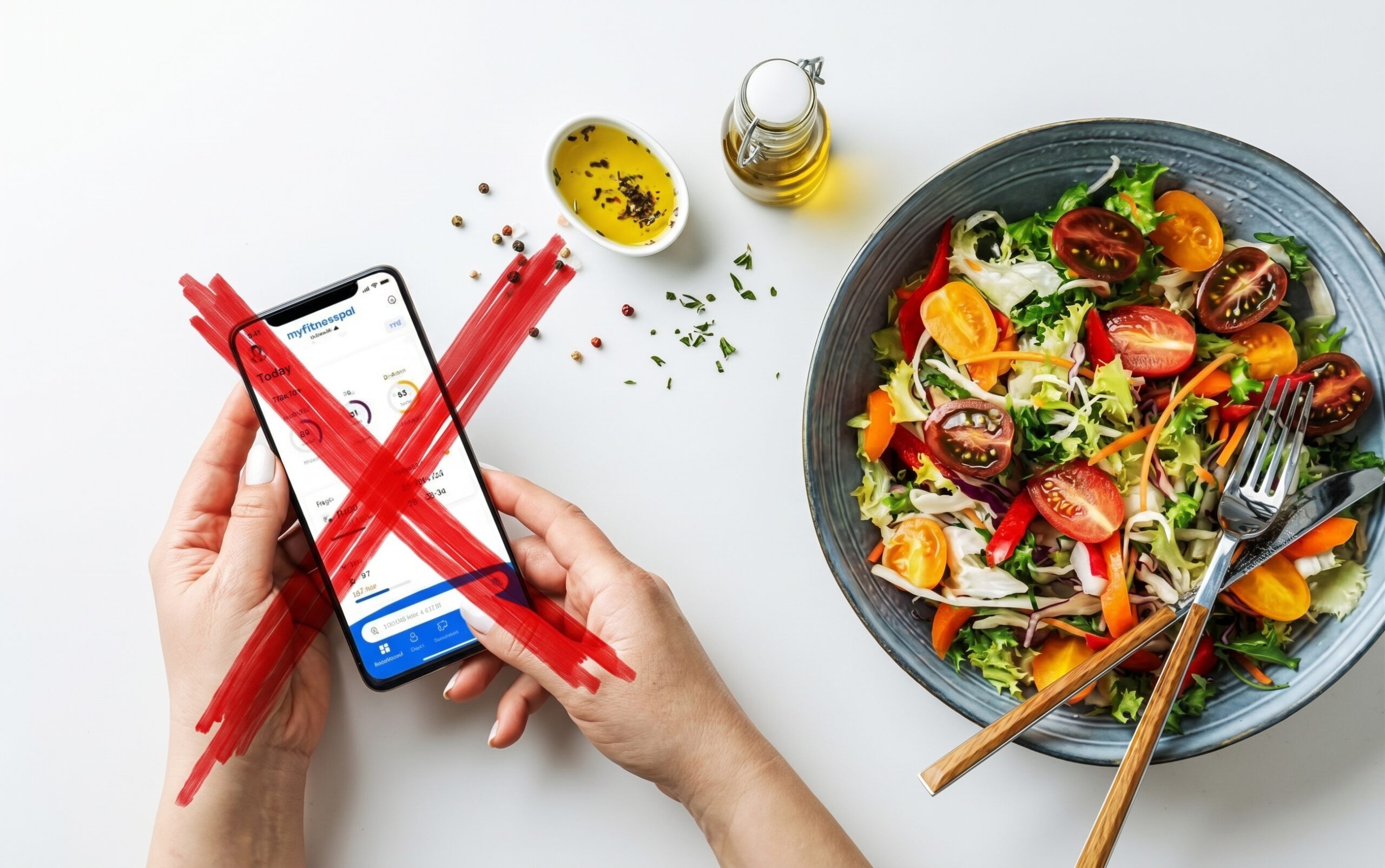 MyFitnessPal crossed out next to a fresh salad